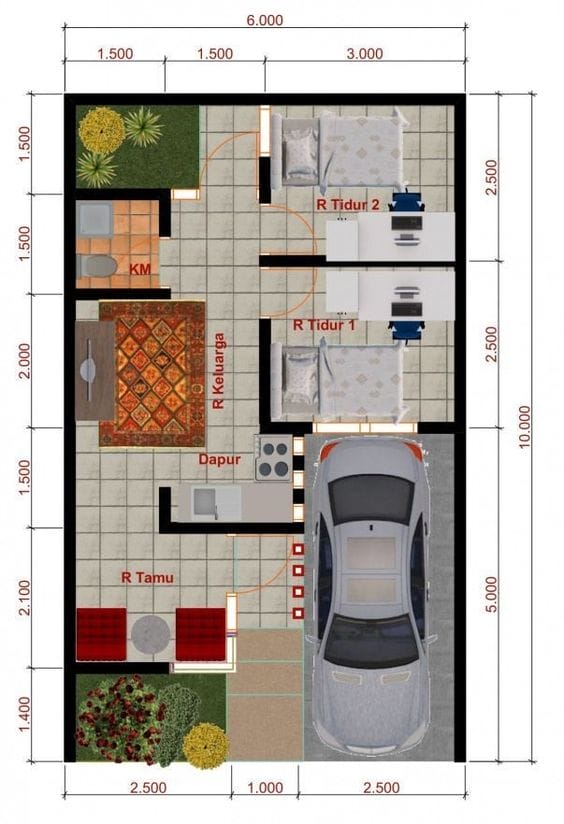 Denah rumah dengan taman dan garasi