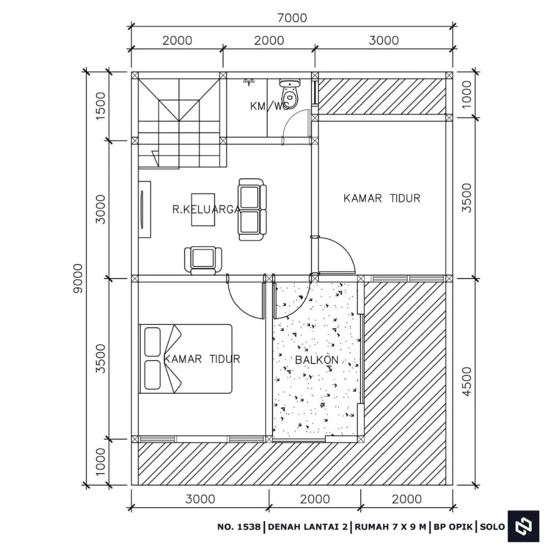 Denah Rumah 2 Kamar Ukuran 7x9 Simple Minimalis