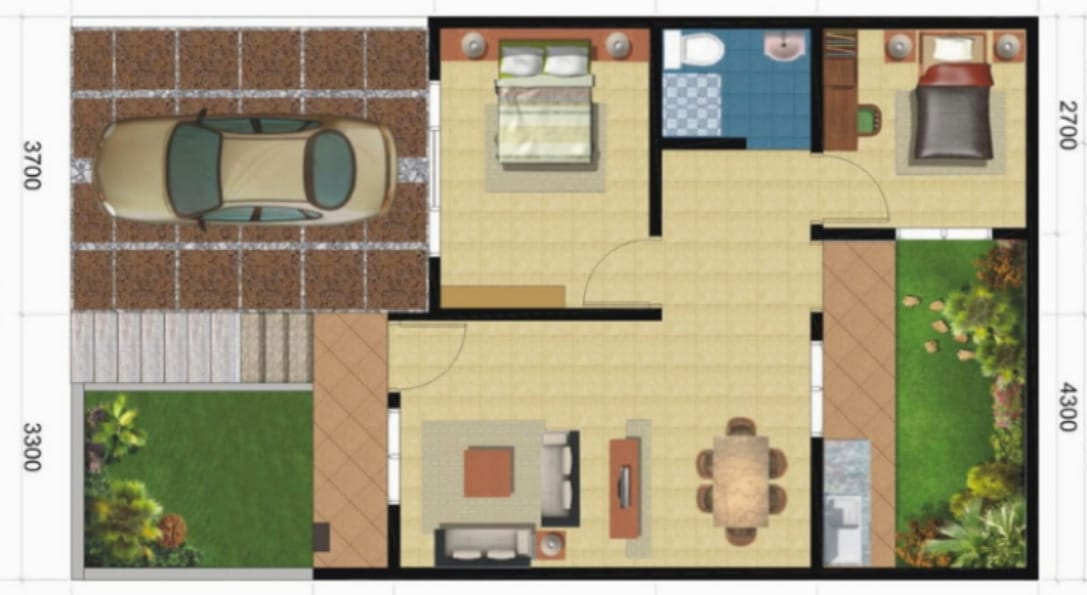 Denah Rumah 2 Kamar Ukuran 7x9 Meter dengan Carport dan Taman